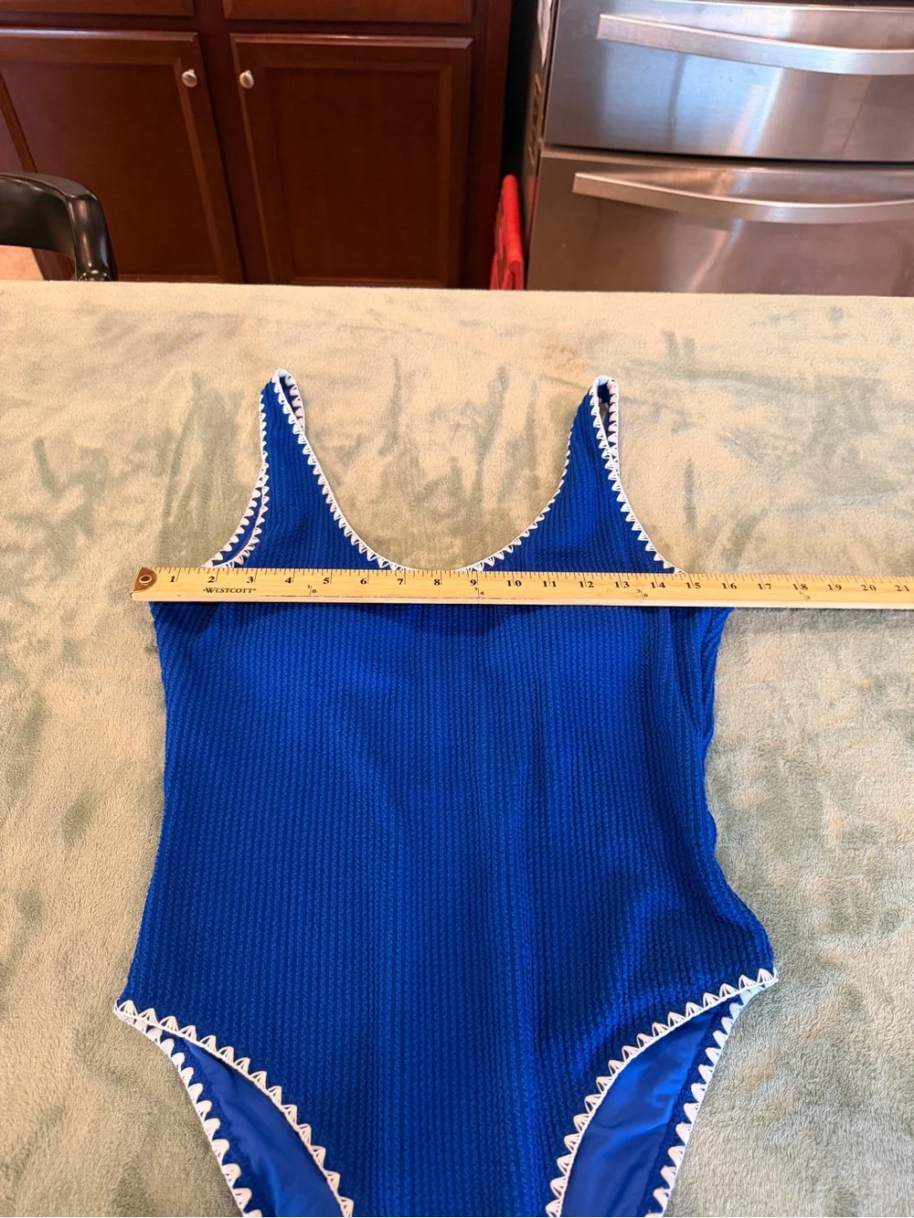 Betsey Johnson Women’s Large Blue One Piece Swimsuit White Trim Textured